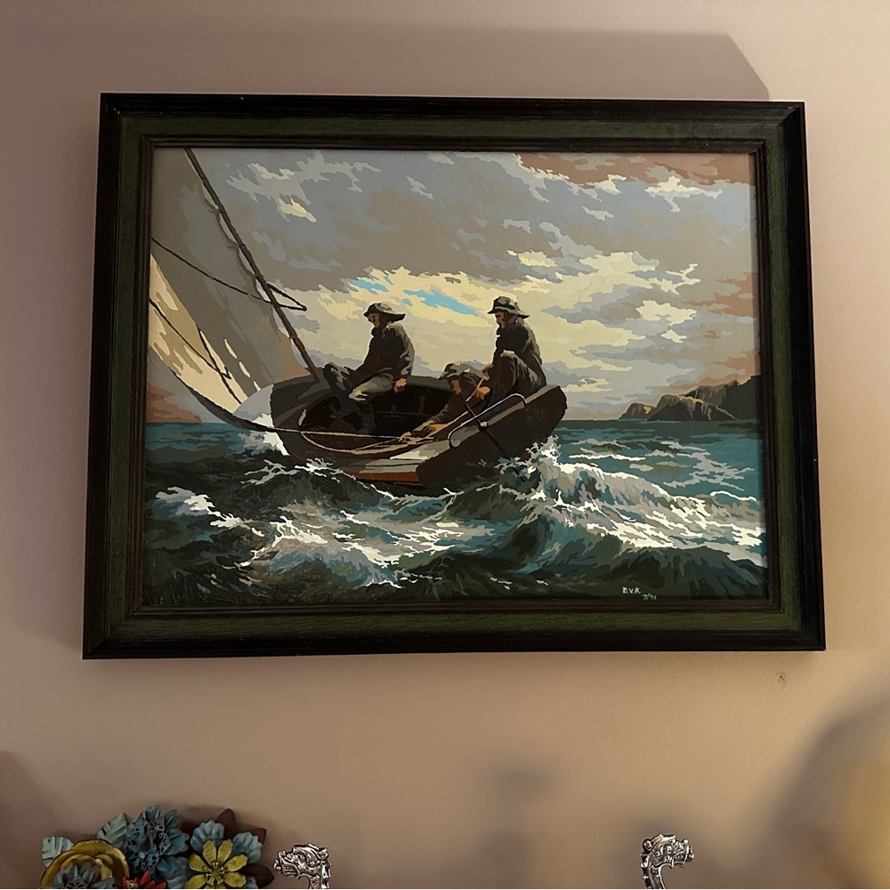 “Toilers Of The Sea”Rare Vintage Paint By Number original oil painting